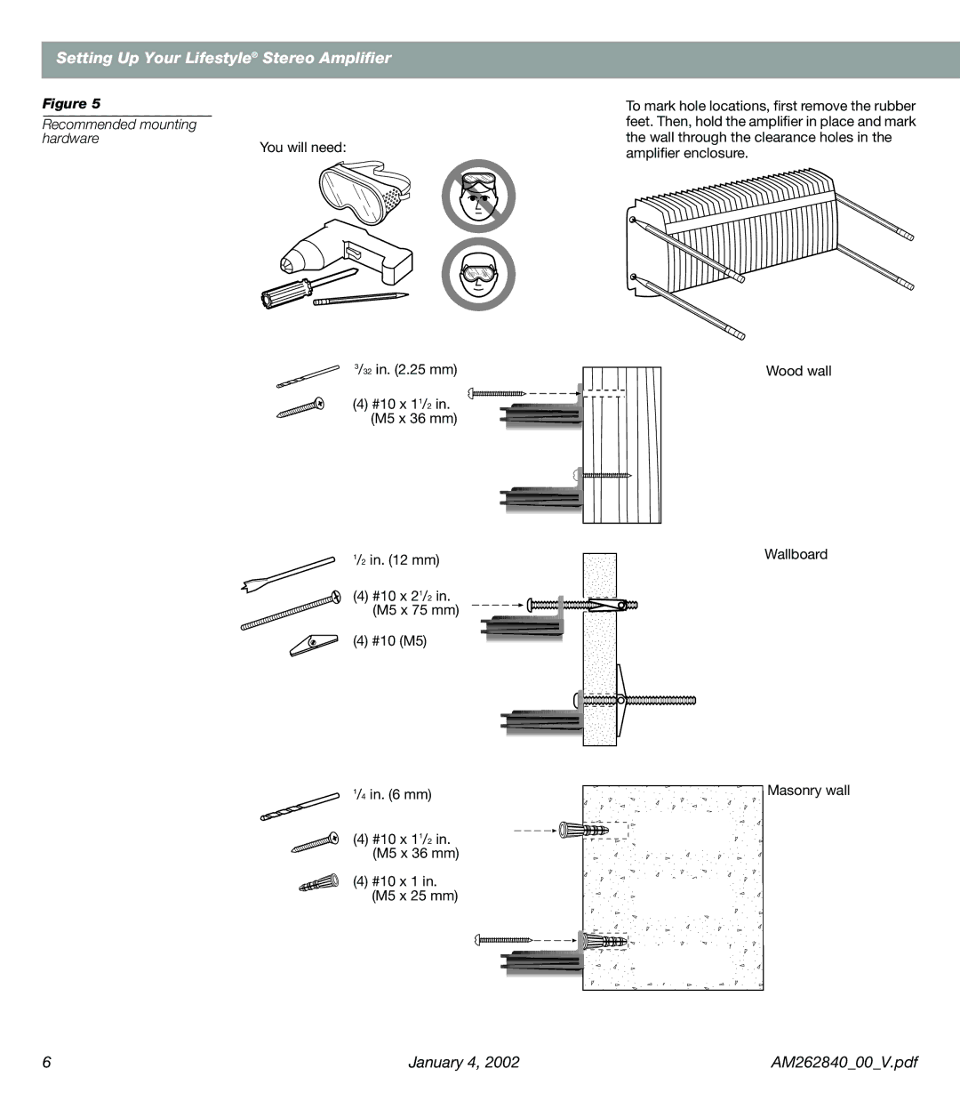 Bose AM262840 manual Recommended mounting hardware 