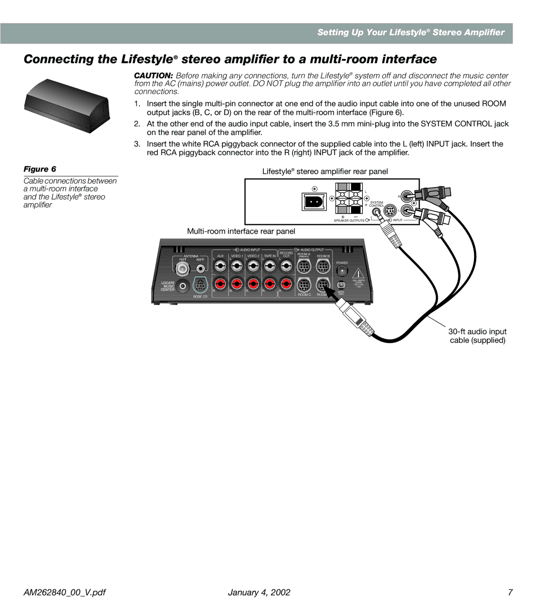 Bose AM262840 manual Lifestyle stereo ampliﬁer rear panel 