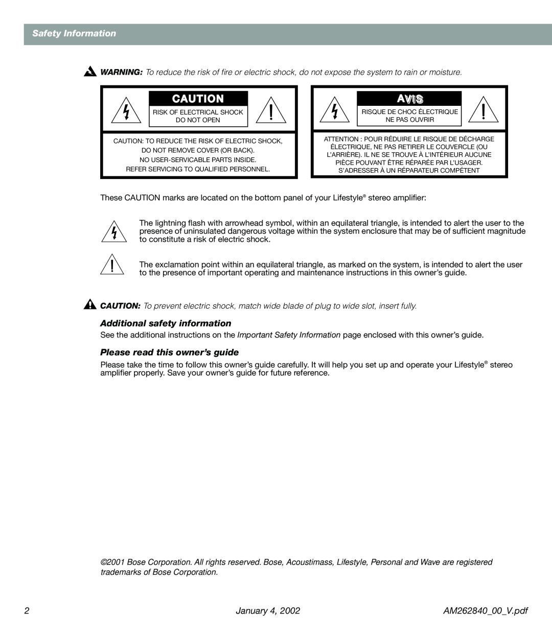 Bose AM262840 manual Safety Information, Additional safety information, Please read this owner’s guide, January, Aviis 