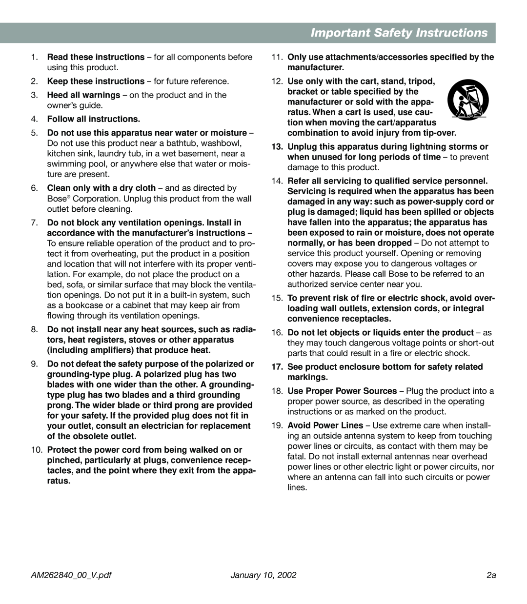 Bose AM262840 manual Important Safety Instructions, January 