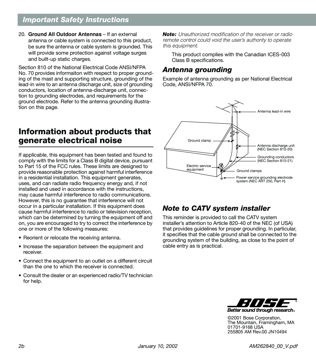 Bose AM262840 manual Antenna grounding, Note to CATV system installer, Important Safety Instructions, January 