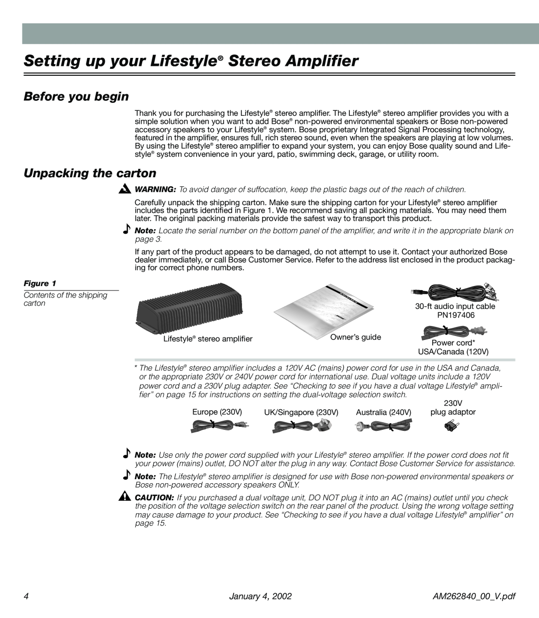 Bose AM262840 Setting up your Lifestyle Stereo Amplifier, Before you begin, Unpacking the carton, January, Owner’s guide 