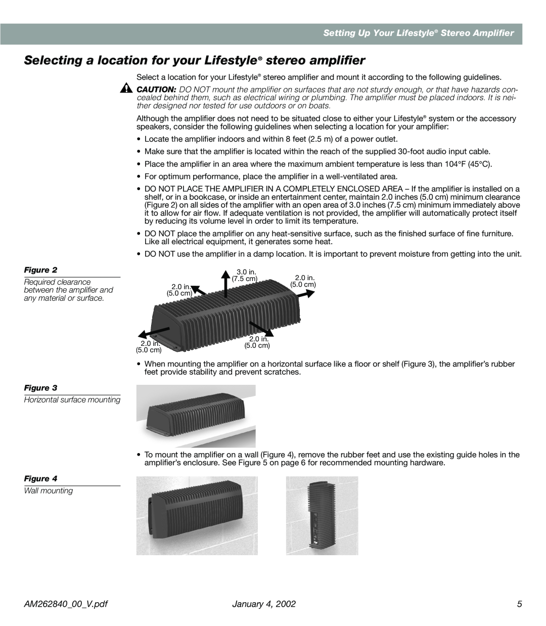 Bose AM262840 manual Setting Up Your Lifestyle Stereo Amplifier, January, Horizontal surface mounting, Wall mounting 