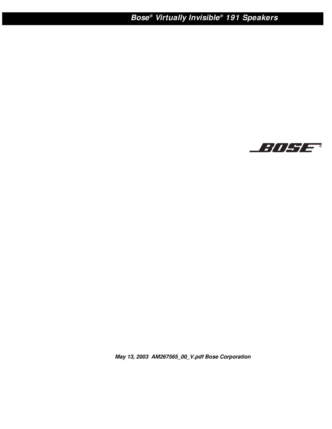 Bose AM267565 manual Bose Virtually Invisible 191 Speakers 