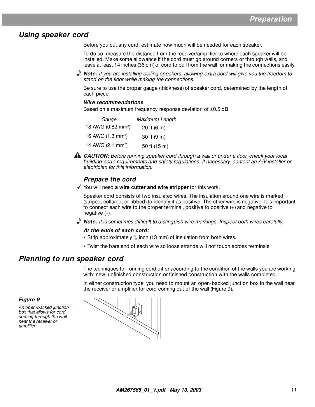 Bose AM267565 manual Using speaker cord, Planning to run speaker cord, Prepare the cord, Wire recommendations 