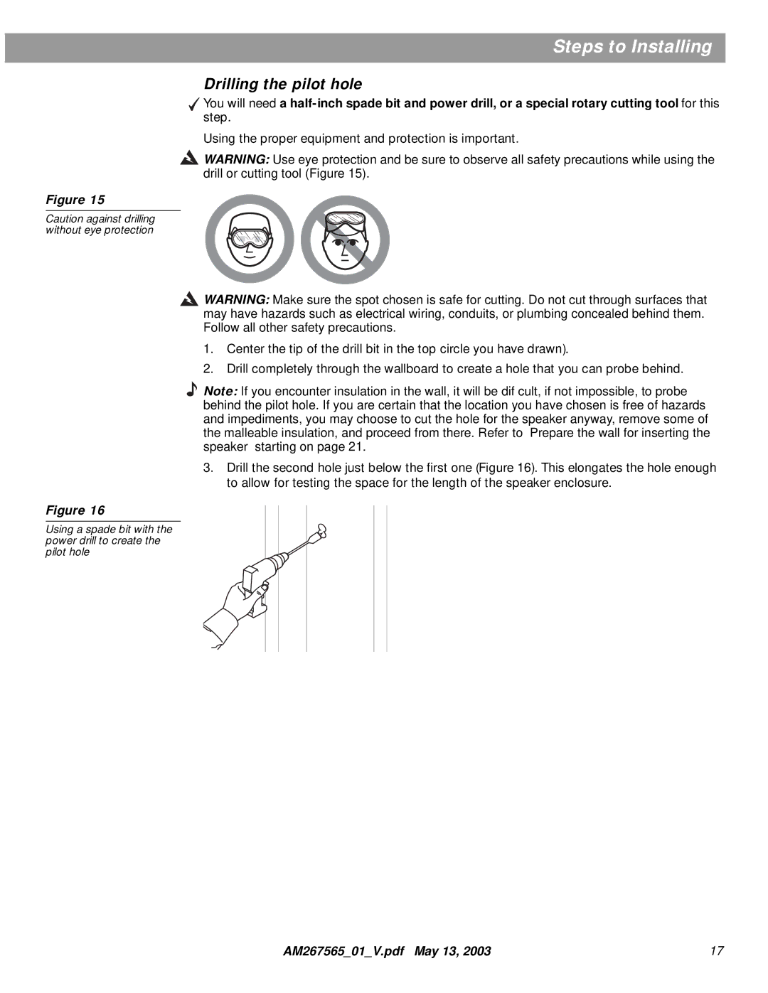 Bose AM267565 manual Drilling the pilot hole 
