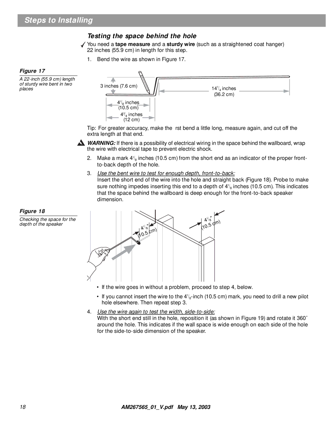 Bose AM267565 manual Testing the space behind the hole, Use the bent wire to test for enough depth, front-to-back 