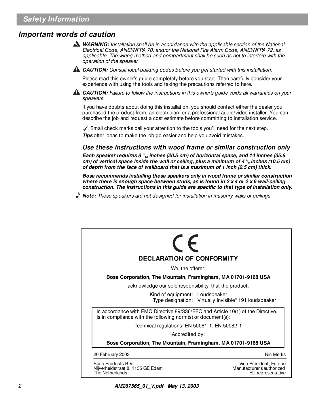 Bose AM267565 manual Safety Information, Important words of caution 