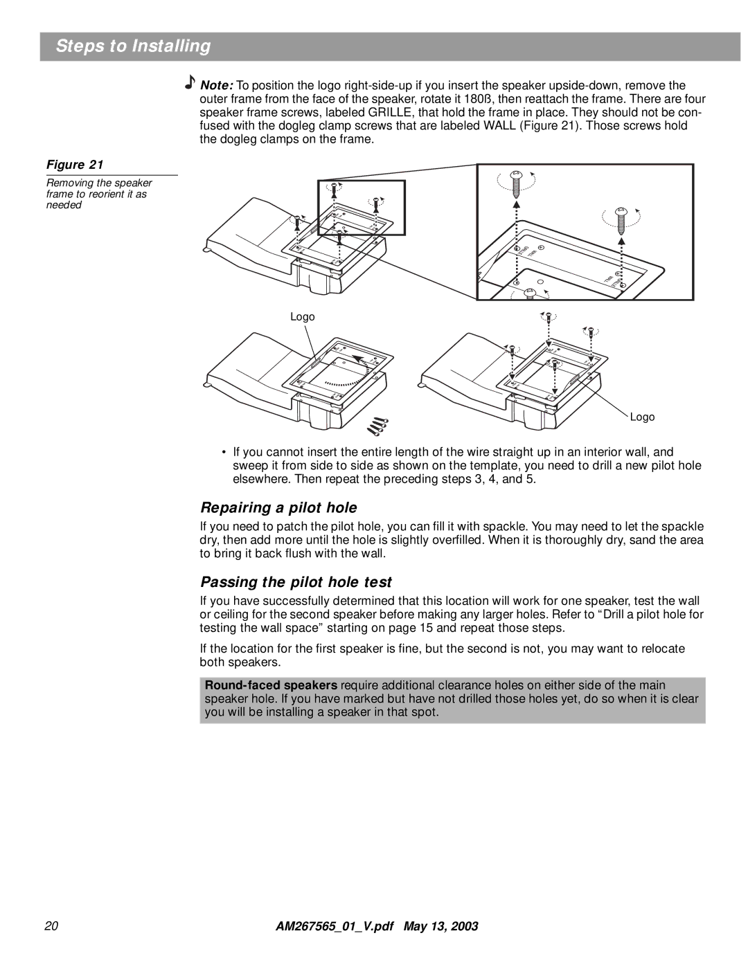 Bose AM267565 manual Repairing a pilot hole, Passing the pilot hole test 