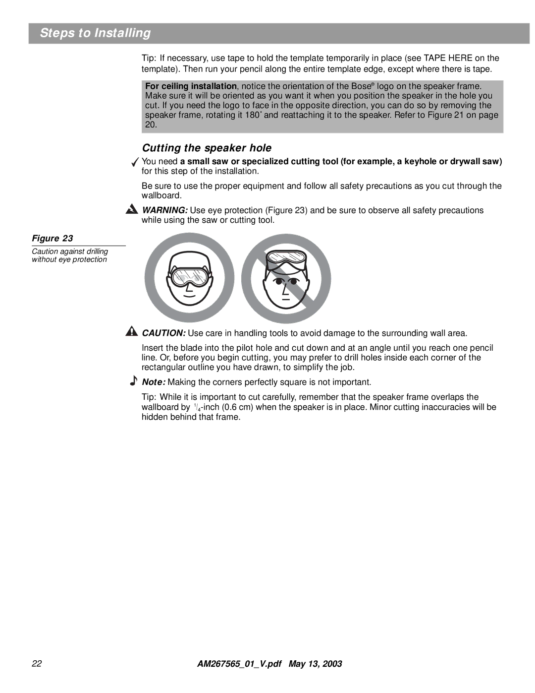 Bose AM267565 manual Cutting the speaker hole 