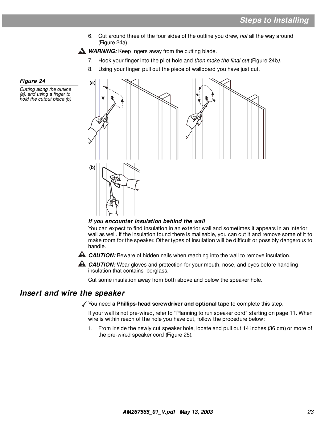 Bose AM267565 manual Insert and wire the speaker, If you encounter insulation behind the wall 