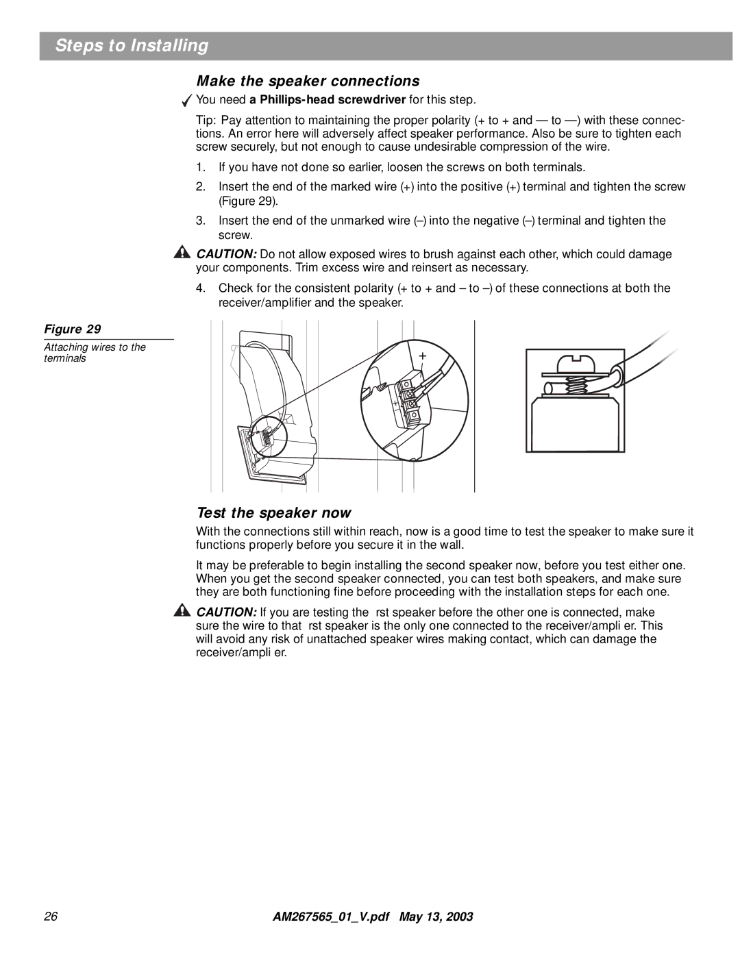 Bose AM267565 manual Make the speaker connections, Test the speaker now 