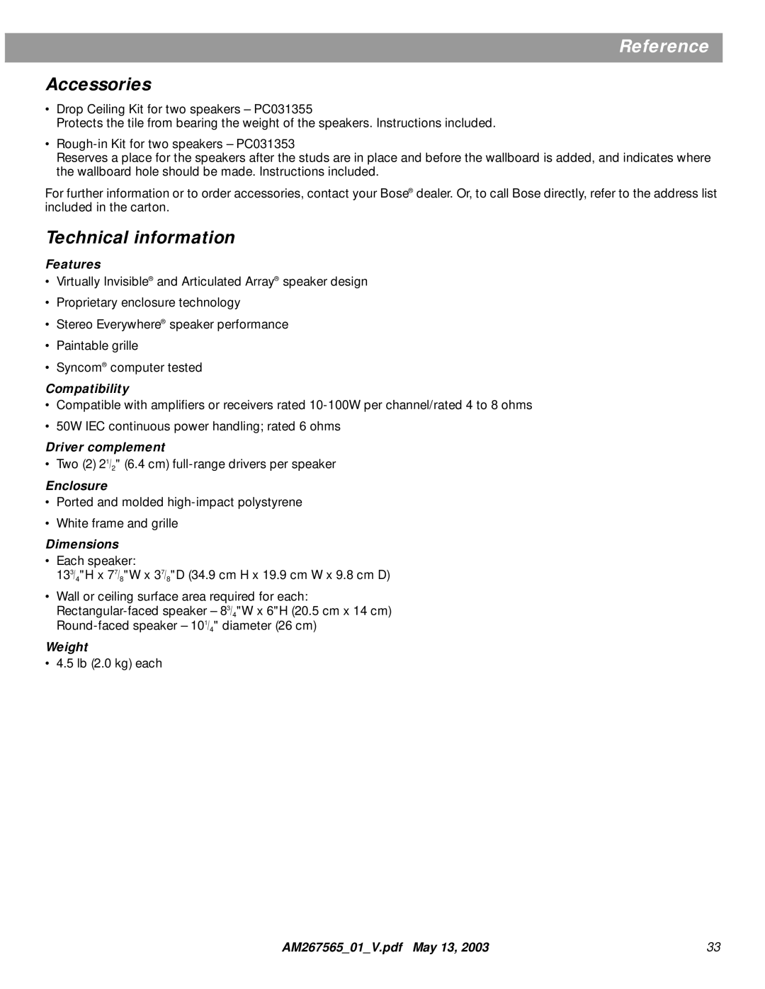 Bose AM267565 manual Accessories, Technical information 