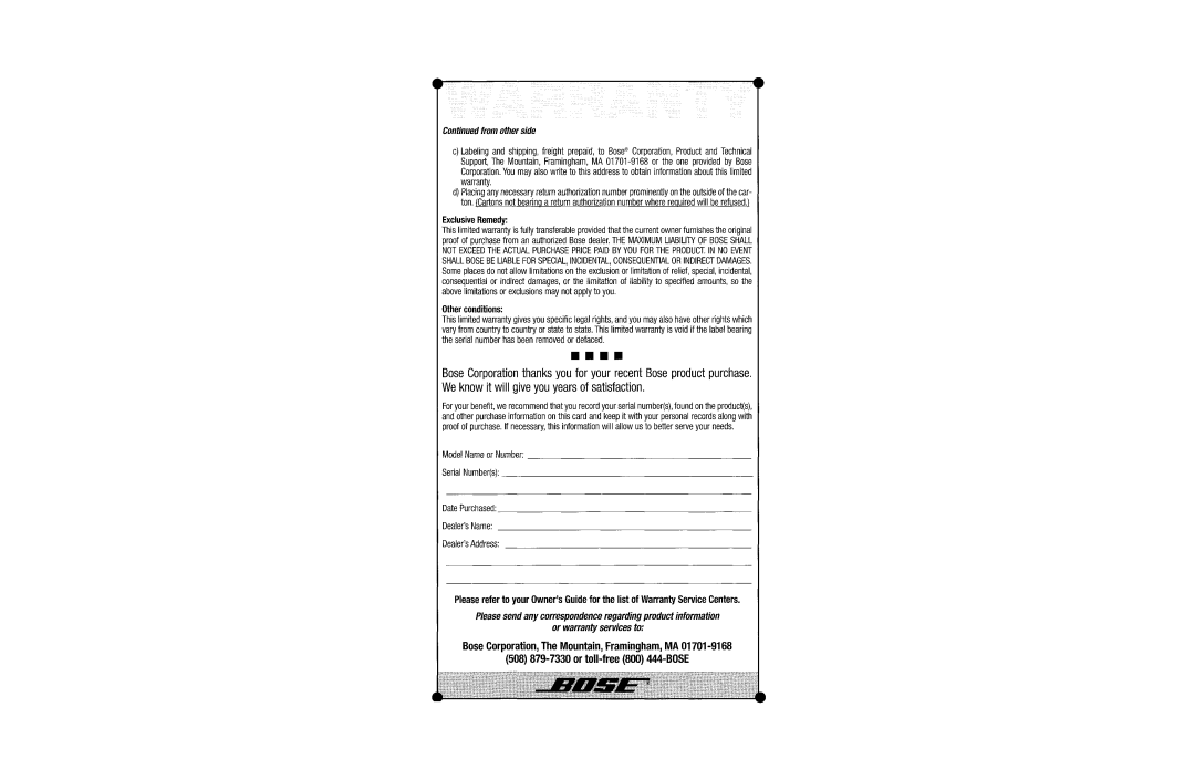 Bose am268612_00_v manual 508 879-7330 or toll-free 800 444-BOSE 