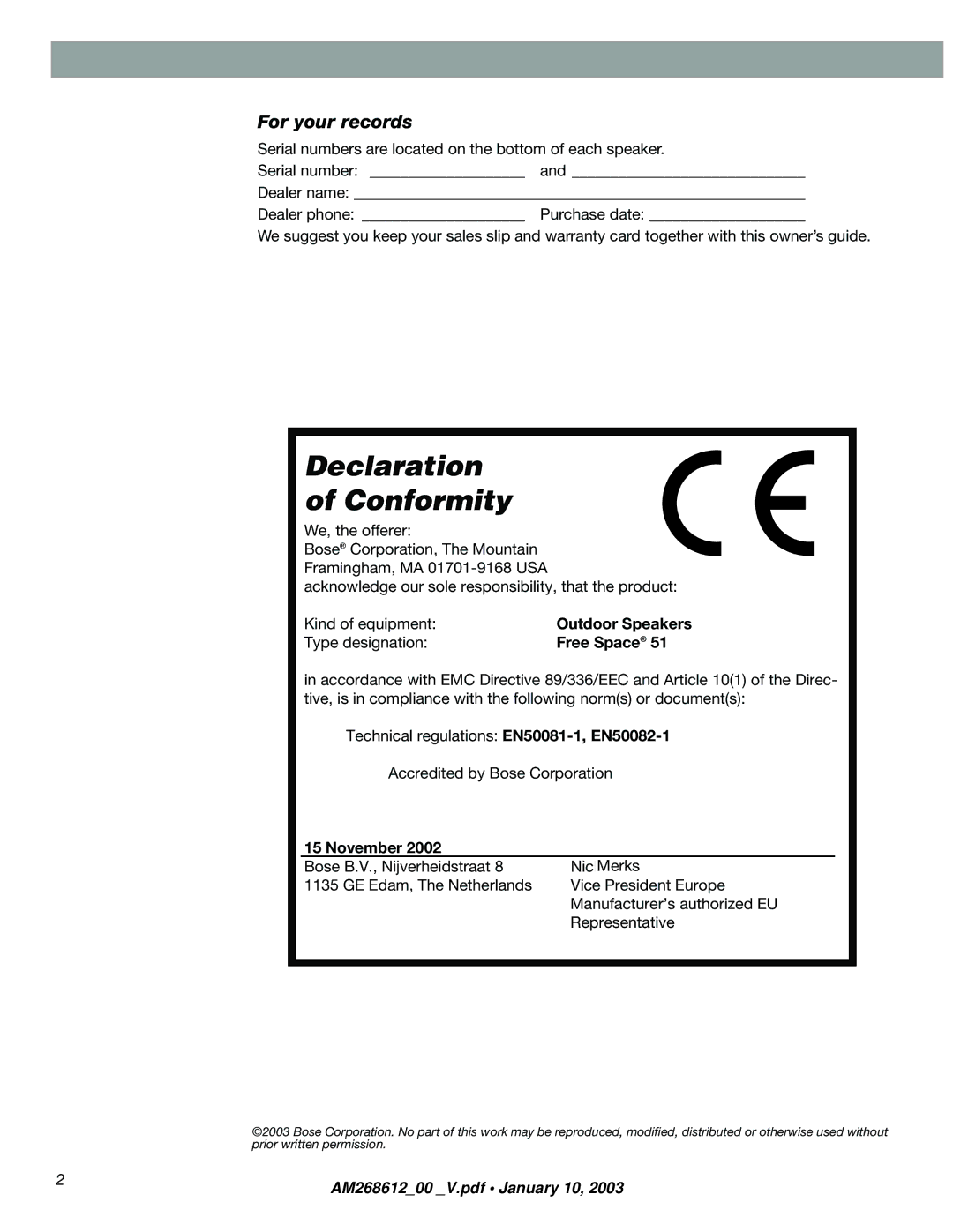 Bose am268612_00_v manual Declaration Conformity 