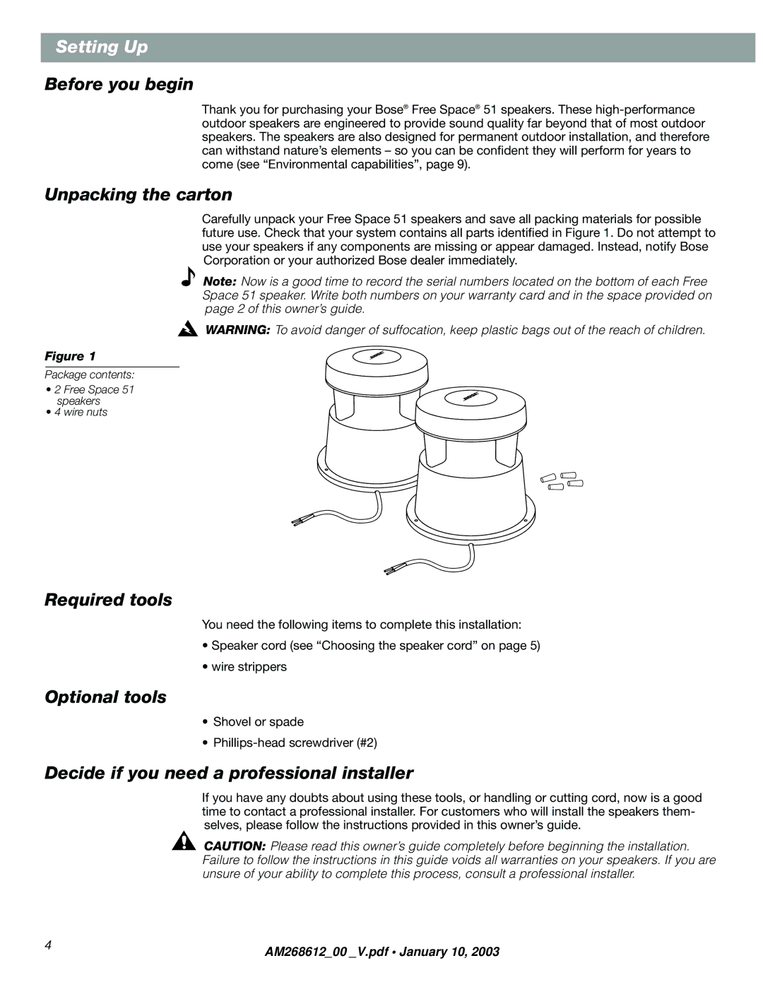 Bose am268612_00_v manual Before you begin, Unpacking the carton, Required tools, Optional tools 