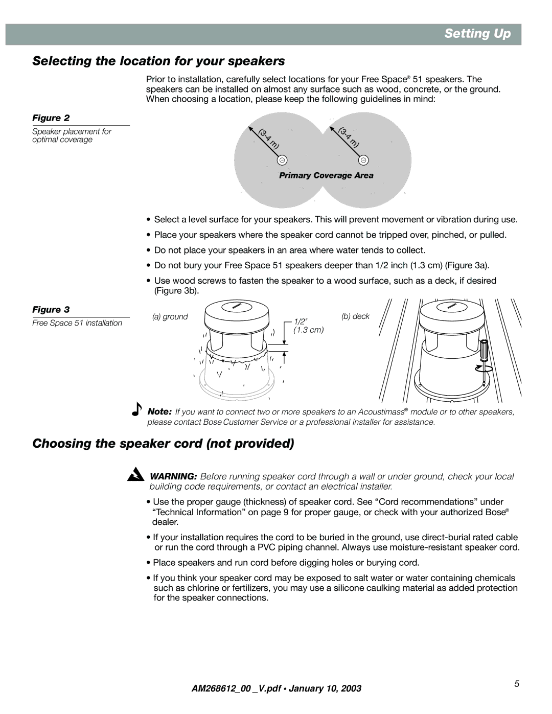 Bose am268612_00_v manual Selecting the location for your speakers, Choosing the speaker cord not provided 