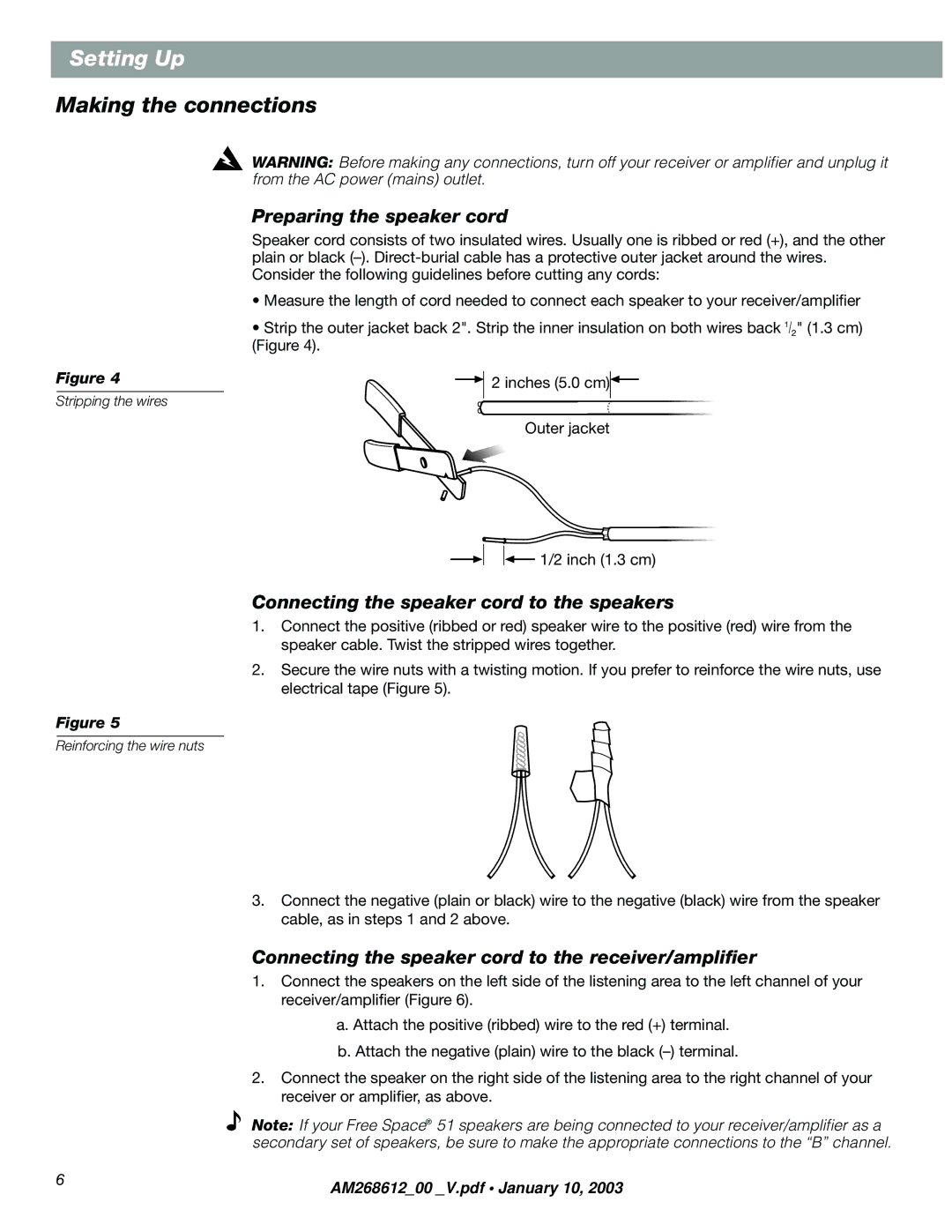 Bose am268612_00_v manual Making the connections, Preparing the speaker cord 