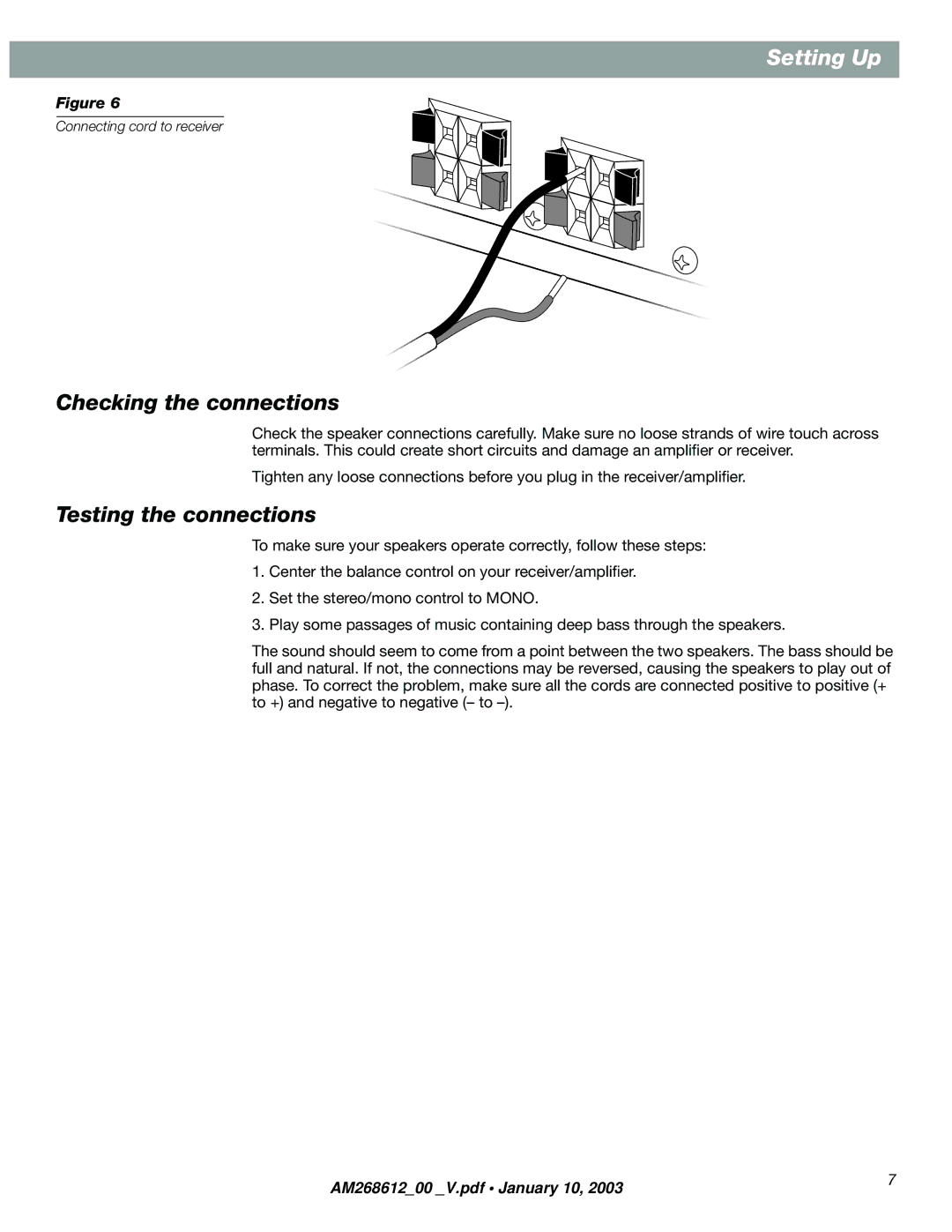 Bose am268612_00_v manual Checking the connections, Testing the connections 