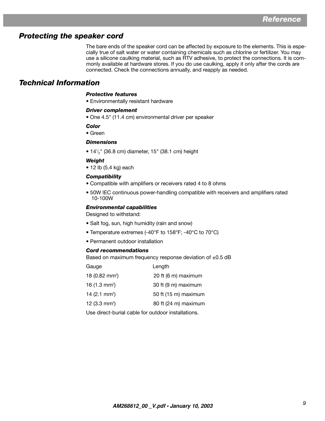 Bose am268612_00_v manual Protecting the speaker cord, Technical Information 