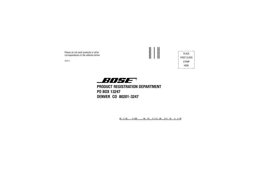 Bose am268612_00_v manual Bose, Product Registration Department Po Box Denver Co, First-Class Stamp 