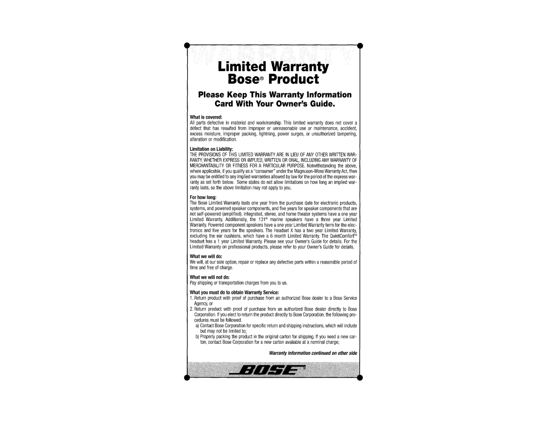 Bose am268612_00_v manual Please Keep This Warranty Information, Card With Your OwnersGuide, Ln,lite8WaantY, Bose Pro8uct 