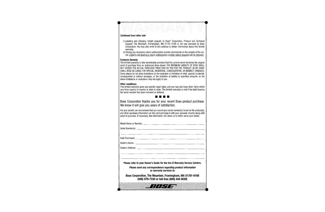 Bose am268612_00_v manual 508 879-7330or toll-free800 444-BOSE, or warranty services to, Continued from other side 