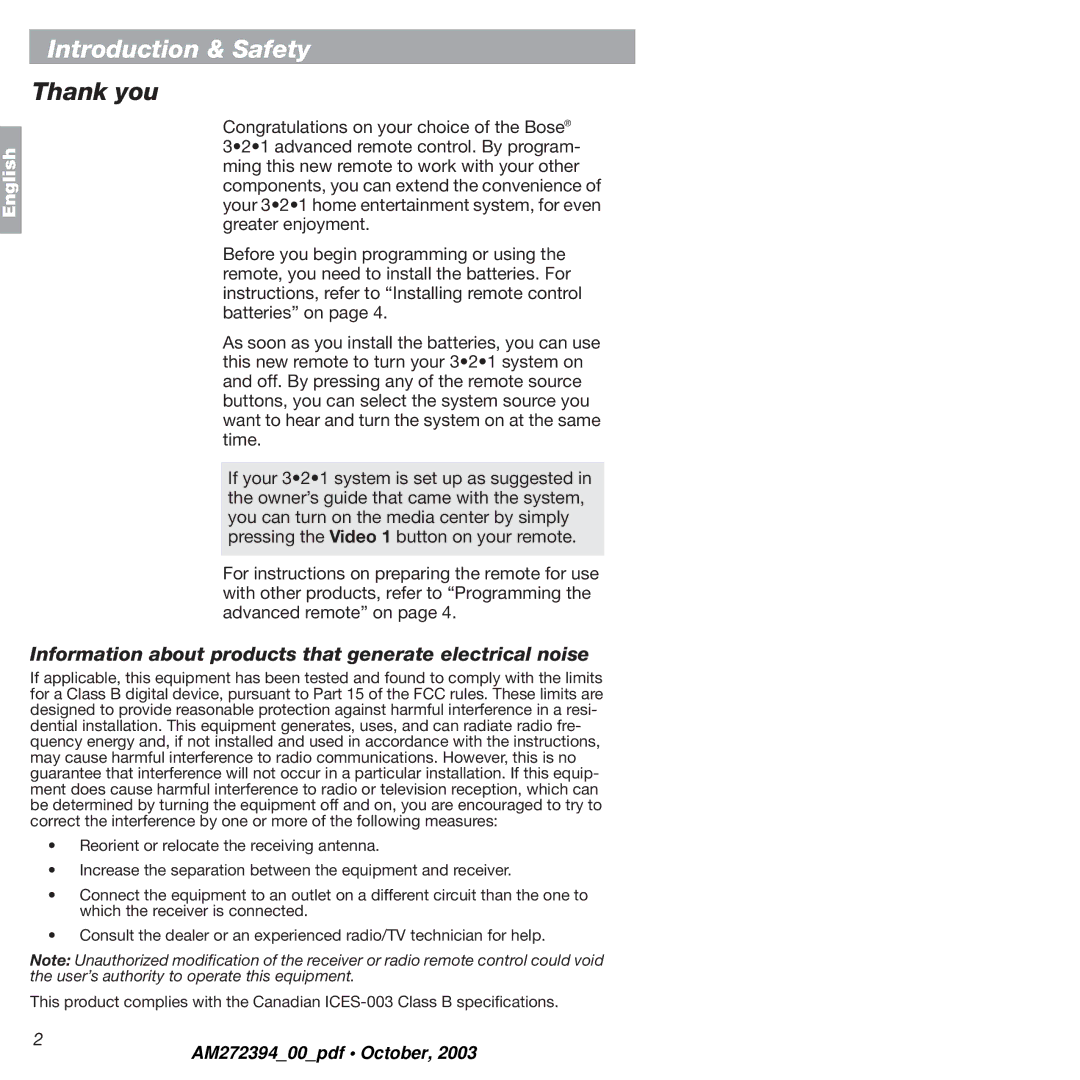 Bose AM272394 manual Introduction & Safety, Thank you 