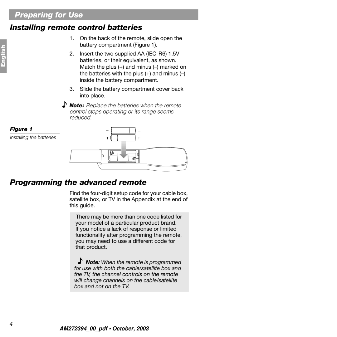 Bose AM272394 manual Preparing for Use, Installing remote control batteries 