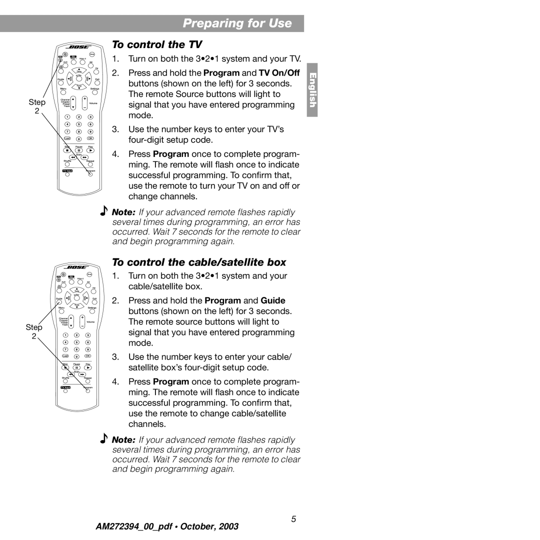 Bose AM272394 manual To control the TV 