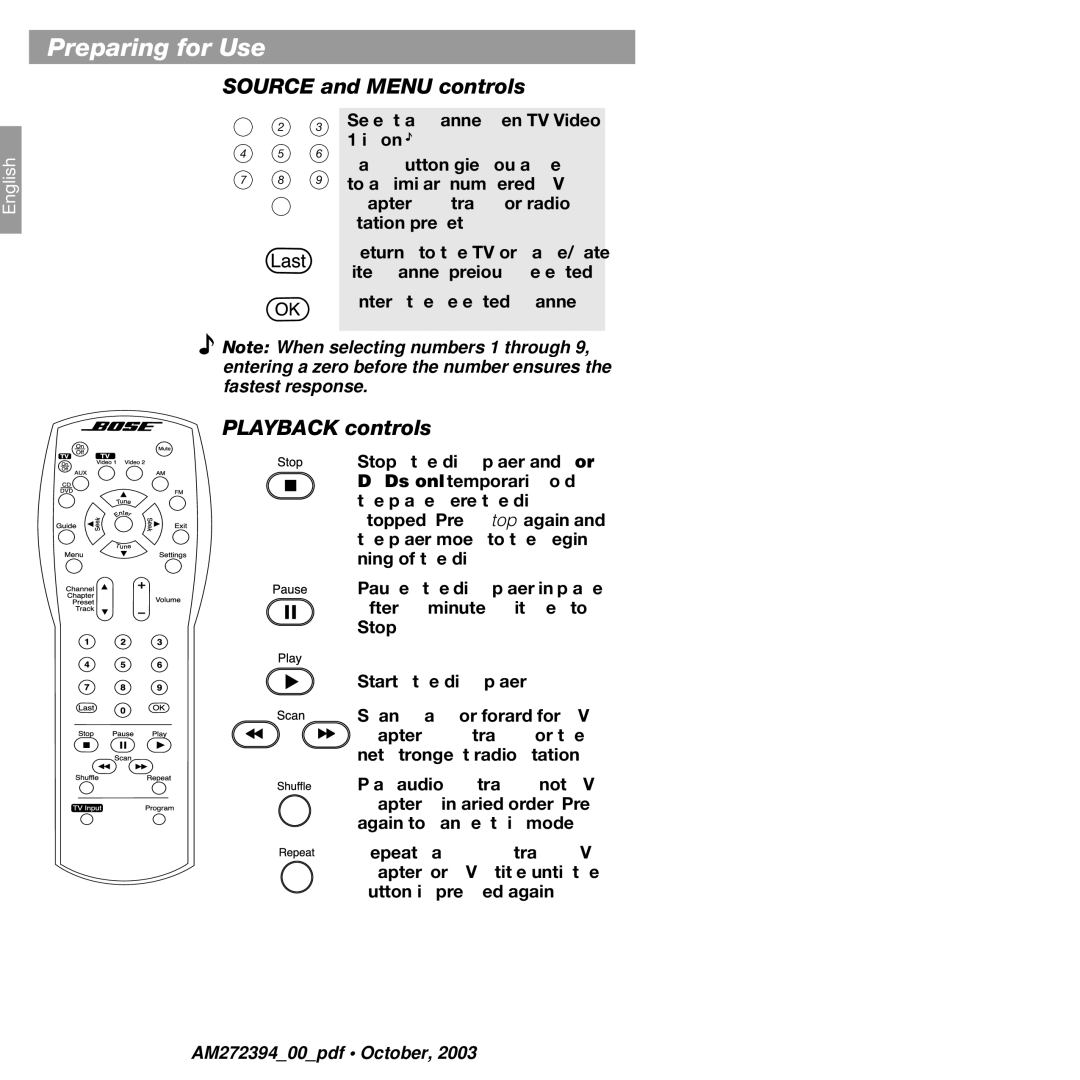 Bose AM272394 manual Playback controls 