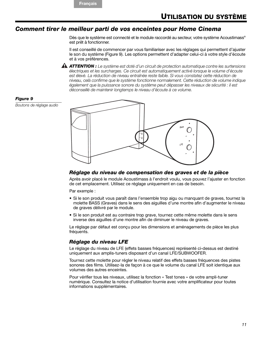 Bose AM293692, CCM-003041 manual Réglage du niveau de compensation des graves et de la pièce, Réglage du niveau LFE 