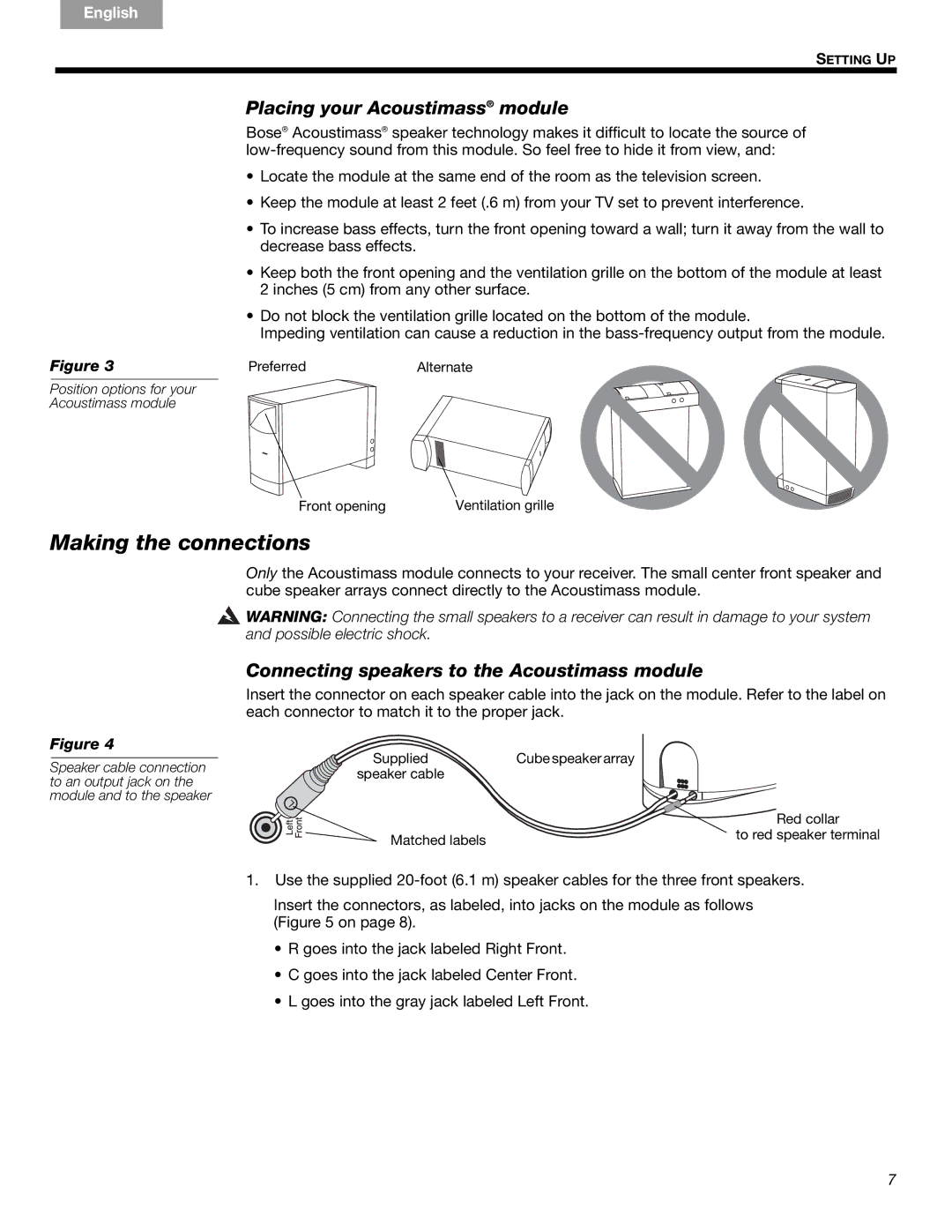 Bose AM293692 manual Making the connections, Placing your Acoustimass module, Connecting speakers to the Acoustimass module 