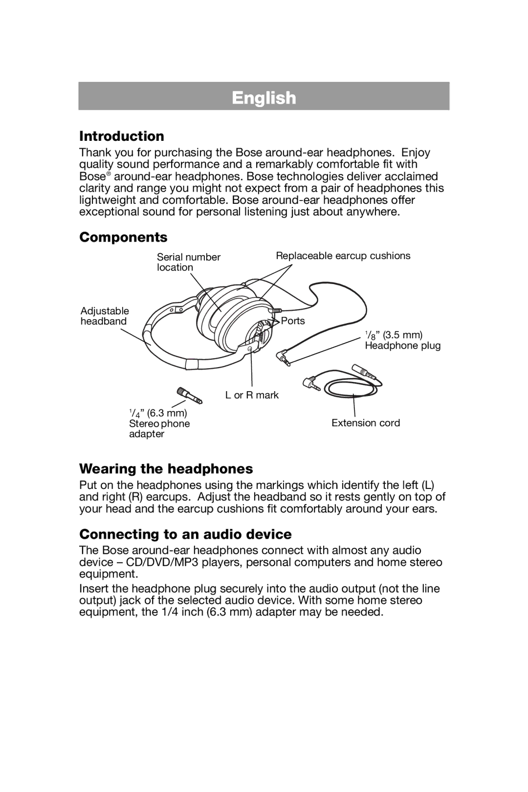 Bose AM299357 manual English, Introduction, Components, Wearing the headphones, Connecting to an audio device 