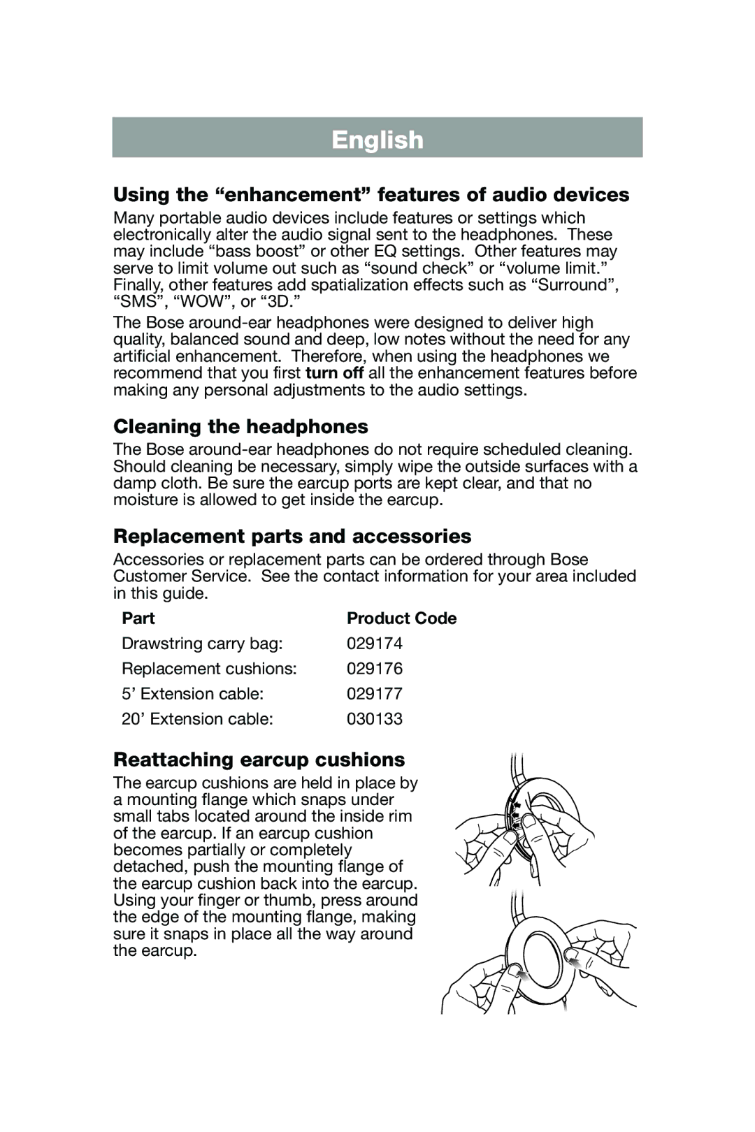 Bose AM299357 Using the enhancement features of audio devices, Cleaning the headphones, Replacement parts and accessories 