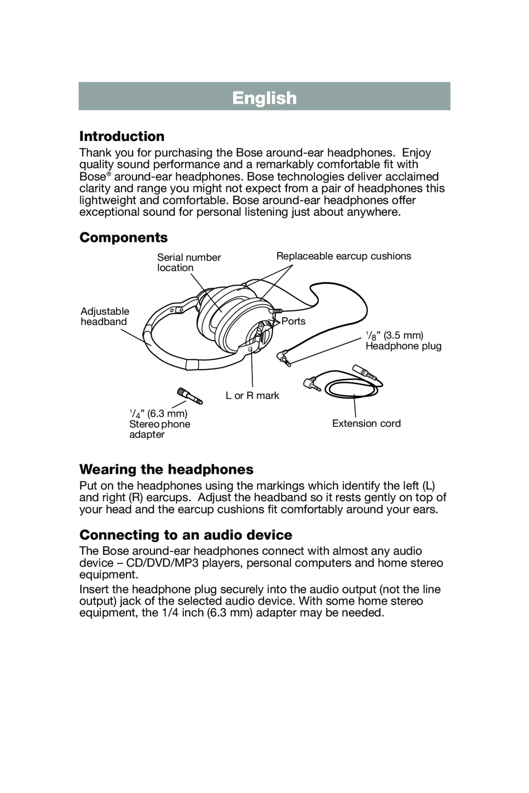 Bose AM299357 manual English, Introduction, Components, Wearing the headphones, Connecting to an audio device 