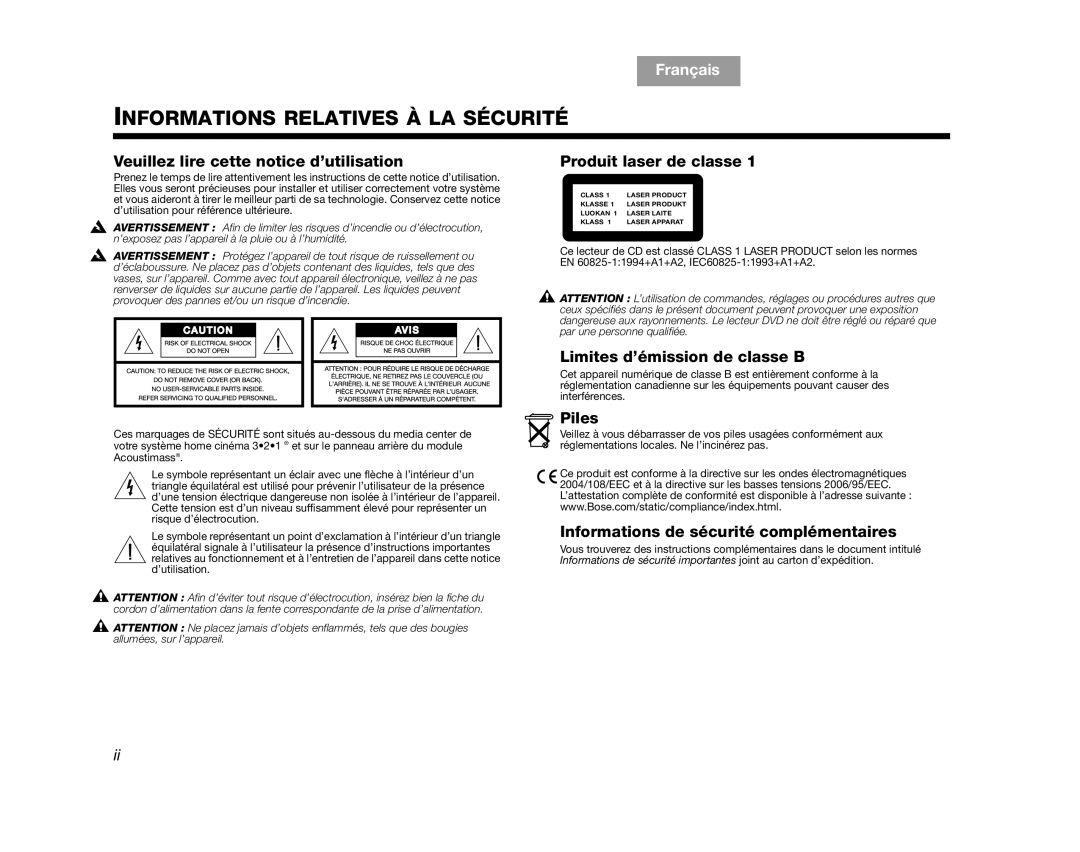 Bose AM312515 Rev.03 manual Informations Relatives À La Sécurité, Français, Español English, Produit laser de classe, Piles 