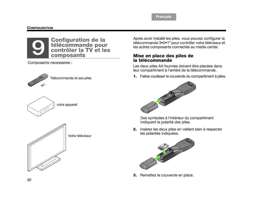 Bose AM312515 Rev.03 manual Mise en place des piles de la télécommande, Configuration de la, Français, Español English 