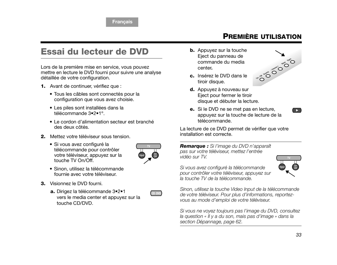 Bose AM312515 Rev.03 manual Essai du lecteur de DVD, Première Utilisation, English Español, Français 