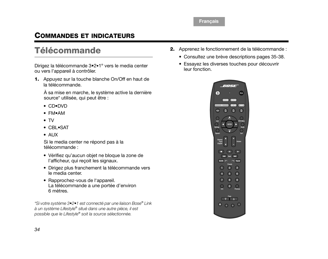 Bose AM312515 Rev.03 manual Télécommande, Commandes Et Indicateurs, Français, Español English 