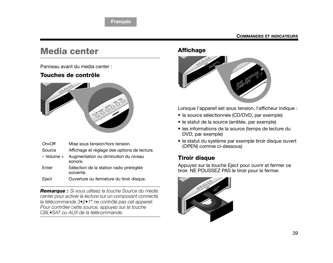 Bose AM312515 Rev.03 manual Media center, Touches de contrôle, Affichage, Tiroir disque, English Español, Français 