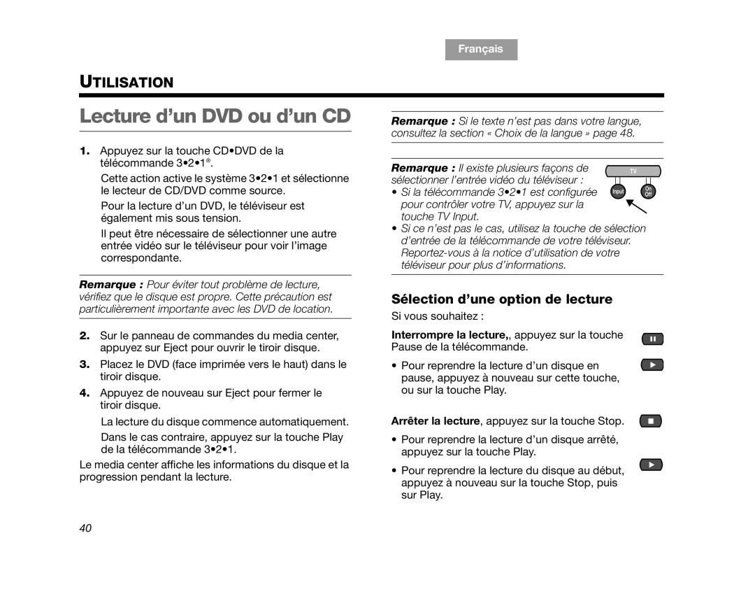 Bose AM312515 Rev.03 manual Lecture d’un DVD ou d’un CD, Utilisation, Sélection d’une option de lecture, Français 