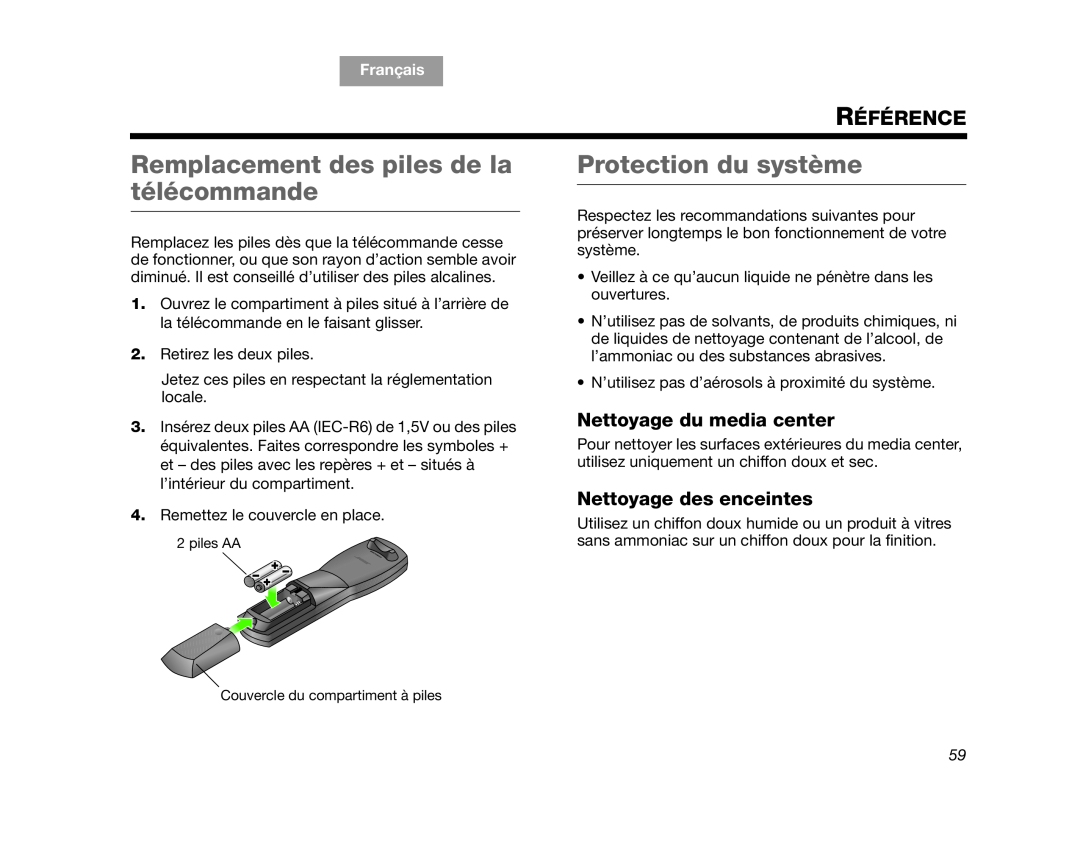 Bose AM312515 Rev.03 Remplacement des piles de la télécommande, Protection du système, Référence, Nettoyage des enceintes 