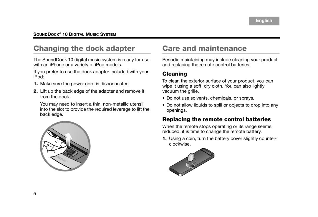 Bose AM314136 manual Changing the dock adapter, Care and maintenance, Cleaning, Replacing the remote control batteries 