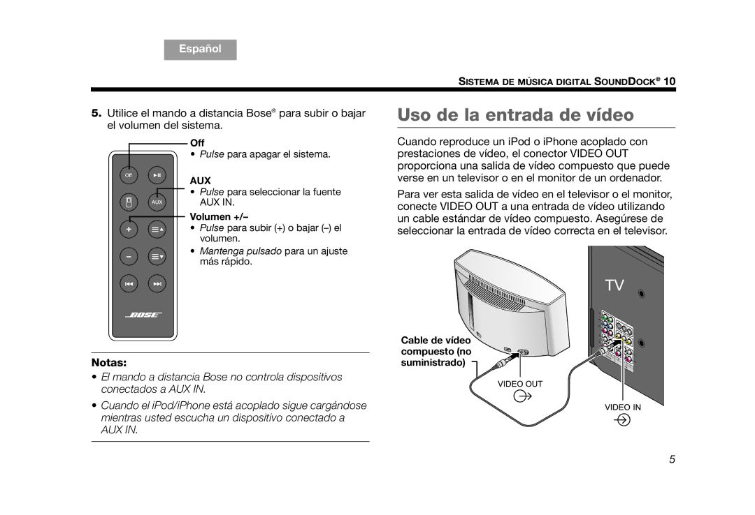 Bose AM314136 manual Uso de la entrada de vídeo, Notas 