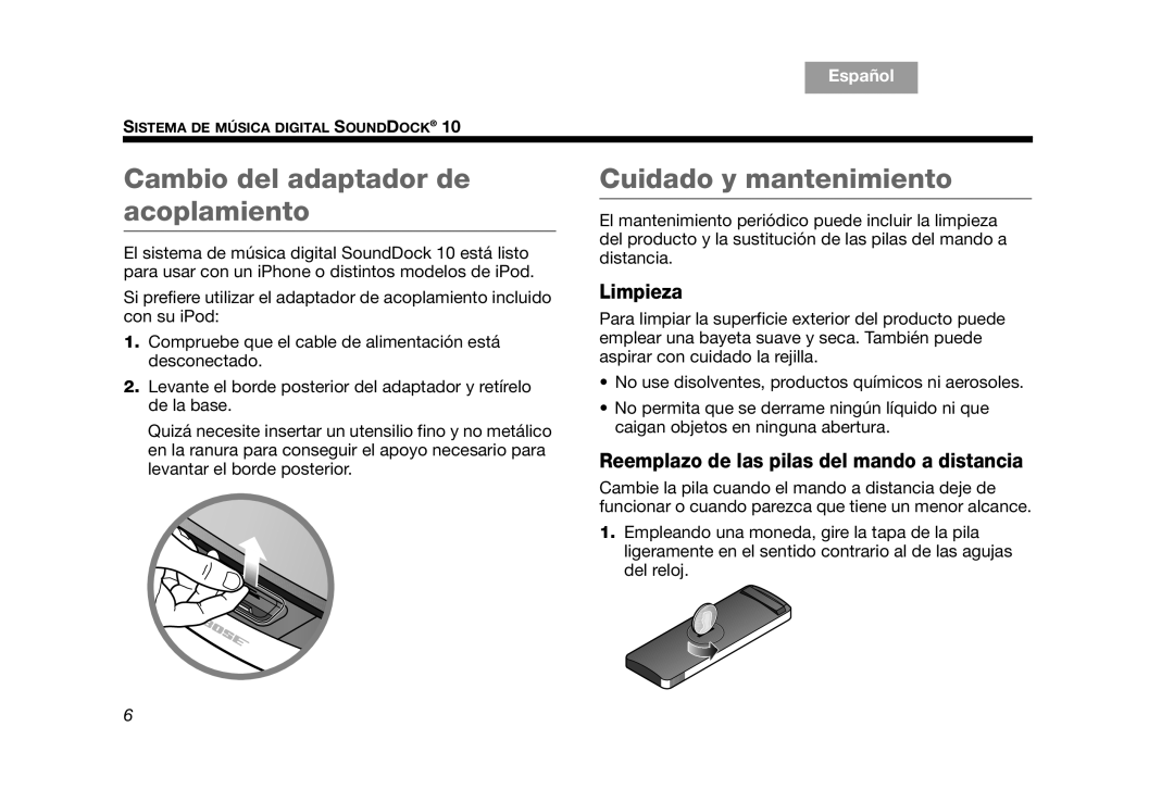 Bose AM314136 manual Cambio del adaptador de acoplamiento, Cuidado y mantenimiento, Limpieza 