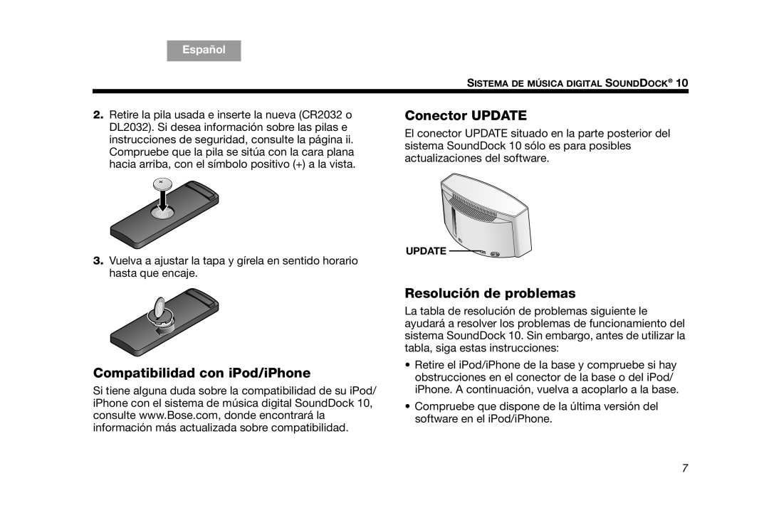 Bose AM314136 manual Conector Update, Compatibilidad con iPod/iPhone Resolución de problemas 