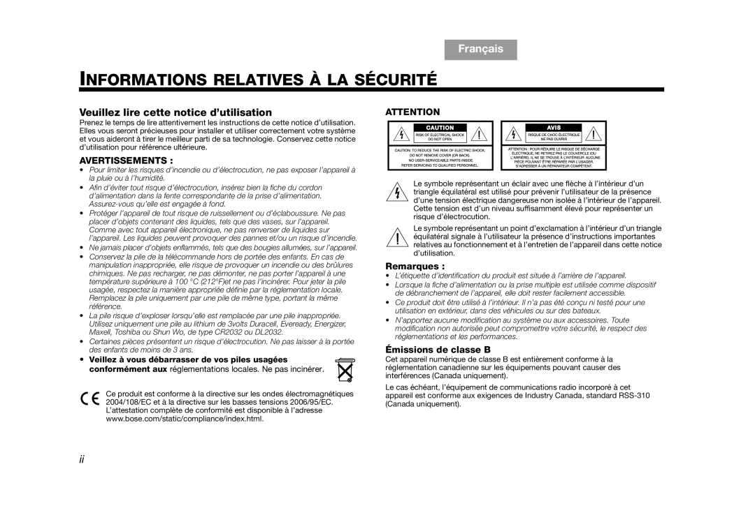 Bose AM314136 manual Informations Relatives À LA Sécurité, TAB 8 TAB 7 Français TAB 5 TAB 4 TAB 2 English, Remarques 