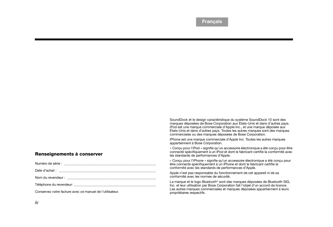 Bose AM314136 manual Renseignements à conserver 