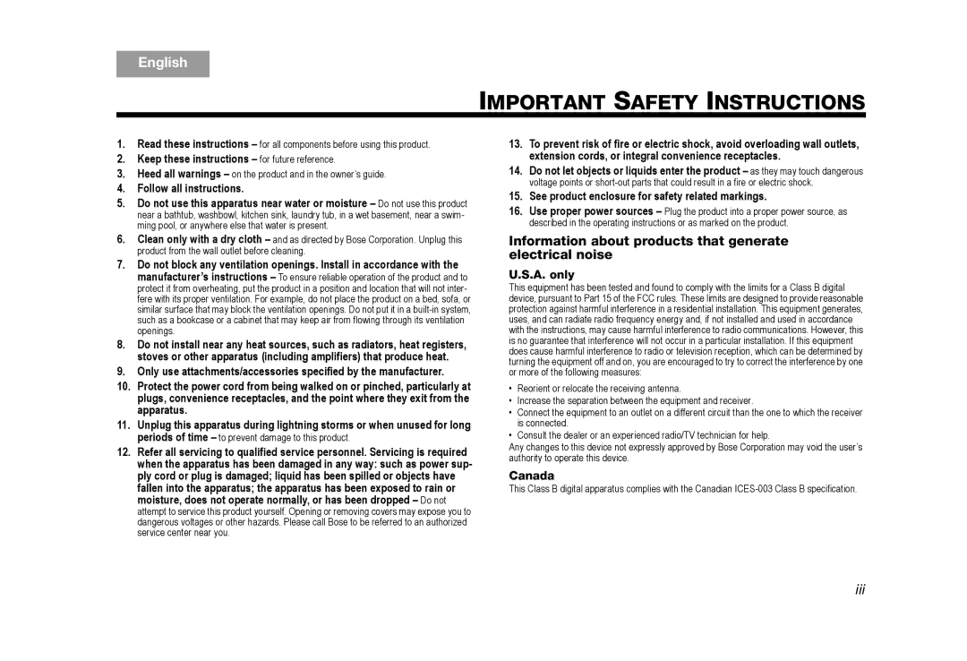 Bose AM314136 manual Important Safety Instructions, English TAB 2 TAB 3 TAB 4 TAB 5 TAB 6 TAB 7 TAB 8 